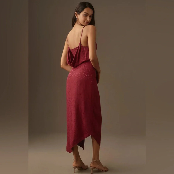 By Anthropologie Asymmetrical Slip Midi Dress Maroon Floral Printed Size 12 - Picture 3 of 13